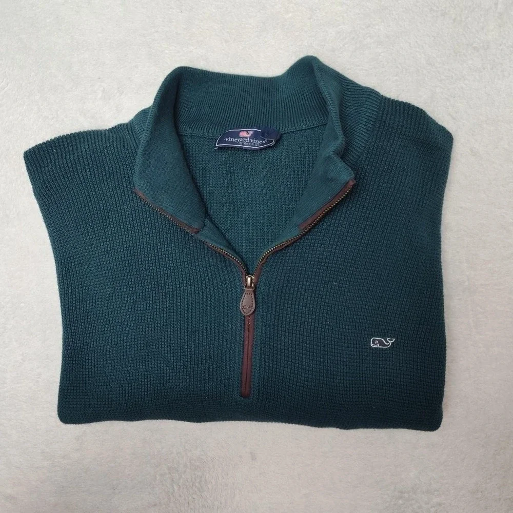 Vineyard Vines Sweater Mens 2XL Green Pullover 1/4 Zip Mock‎ Neck Waffle-Knit